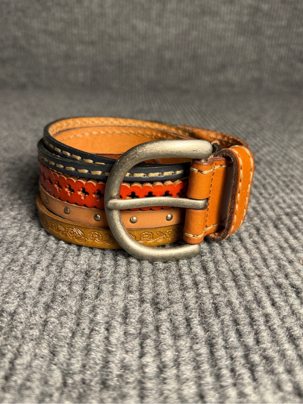 Fossil Vintage Boho Layered Leather Belt Mixed Media Tooled Studded